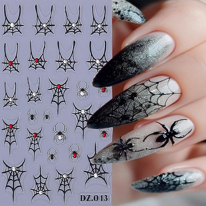 5 Sheets Halloween Nail Art Stickers 3D Self -Adhesive Spider Web with Rhinestones Design Nail Decals Holographic Diamond Spider Nail Stickers Halloween Nail Decoration for Women Manicure Supplies