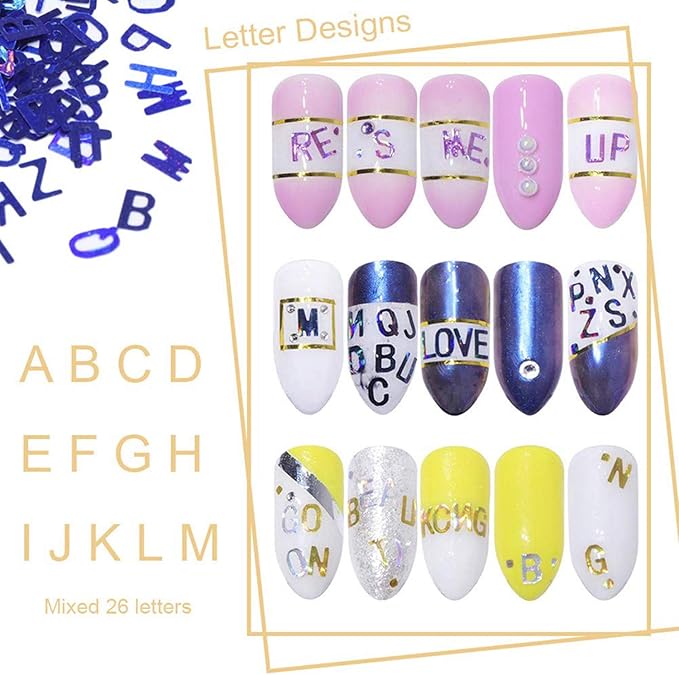 12 Colors Letters Nail Art Glitters Sequins Laser Gold 3D Flakes Alphabet Designs Accessories for Women Girls Manicure Tips Decorations Shine Stickers Decals