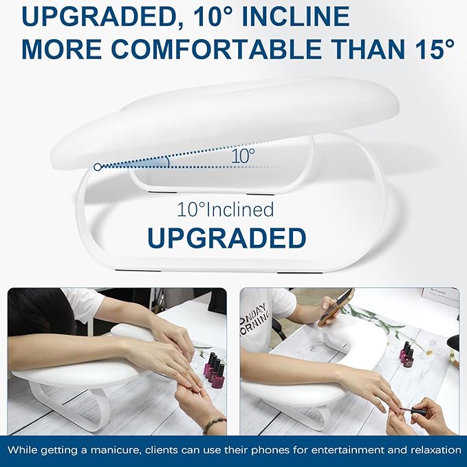 Arm Rest for Nails Tech Upgraded 10° Inclined, U-Shaped Manicure Nail Arm Rest Stand, Nail Armrest for Nail Tech Hand Rests, White