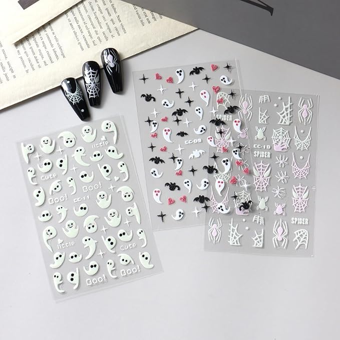 5 Sheets Halloween Nails Stickers French Tip Spider Web Nails Art Stickers 3D Self-Adhesive Supplies Nail Decal with Luminous Ghost Skeleton Design Nail Sticker for Nail Art Women's DIY Decoration