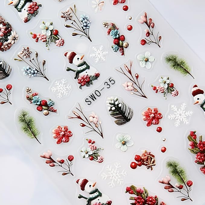 Christmas Nail Art Stickers Decals 5D Embossed Nail Decals Snowman Christmas Tree Snowflake Holiday Nail Stickers for Nail Art Xmas Nails Design Christmas Nails Supplies for Women Girls