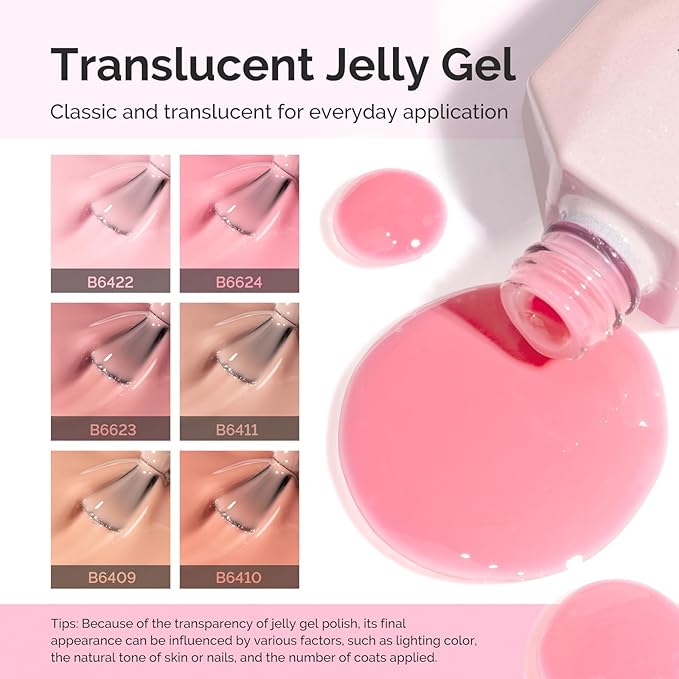 MelodySusie Jelly Gel Nail Polish Set,6 Transparent Colors,Milky or Jelly Texture,Pink and Nude Versatile Colors Soak Off UV LED Light Cure or Salon Manicure and Nail Art DIY at Home