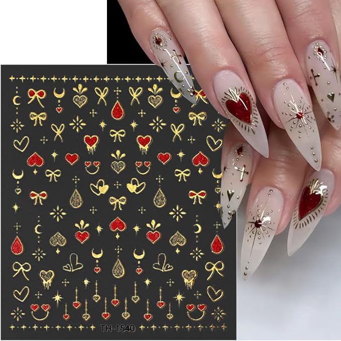 6Pcs Glitter Star Nail Stickers 5D Self Adhesives Rhinestones Design Stars Heart Nail Decals Aurora Gold Silver Red Snake Sun Moon Bow Nail Decoration Metallic Star Nail Art Stickers for Nail Supplies