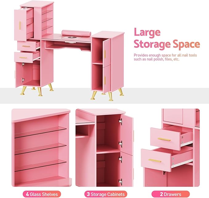 Manicure Table Nail Desk with Glass Top & Wrist Rest, Nail Station with Dust Collector & 4 Dust Bags, Beauty Salon Workstation with Storage Drawers & Cabinet (Pink)