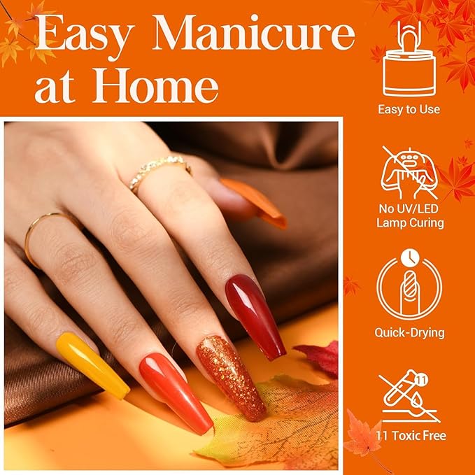 AZUREBEAUTY Dip Powder Nail Kit Starter, Orange Brown Glitter, 4 Fall Pumpkin Maple Dark Colors Set, French Halloween Nail Art Base Top Coat Activator Essential Liquid Manicure DIY Salon 12 PCS