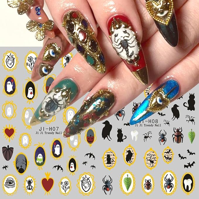 2Sheets Halloween Nail Art Stickers 3D Ghost Spider Nail Decals with Gold Edge Designs Nail Stickers Self Adhesive Bat Heart Nail Decal Black Cat Crow Nail Sticker for Women DIY Nails Decor Supplies