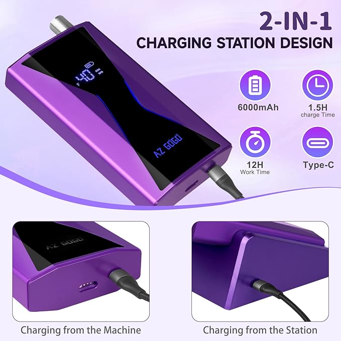 Professional Brushless Nail Drill, AZ GOGO 85W Cordless Electric Nail File 40000RPM Rechargeable Portable Nail Drill Machine for Gel Acrylic Nails, High Torque Quieter for Salon Nails Art (Purple)
