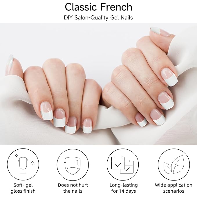 Semi Cured Gel Nail Strips, Classic French | 28 pcs Gel Nail Strips Work with Any UV Lamp, Salon Quality UV Nails Stickers, Easy to Apply for Home Nails DIY