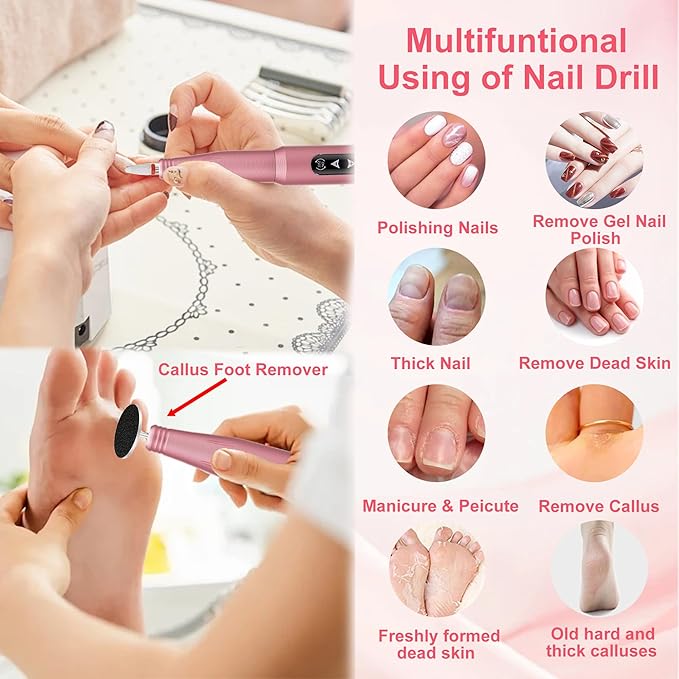 Nail Drill File Electric, 2-in-1 Touch Rechargeable Drill Nail, Cordless Manicure Pedicure Tools Polishing Machine Kit for Acrylic Gel Dip Powder with Nail Drill Bits Sanding Bands (A-105 Pink)