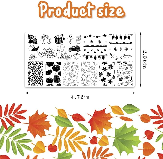 ALIBBON 6 Pcs Fall Nail Stamping Plates Set, Leaves Background Nail Art Stamp Templates, Pumpkin Gnome Stamp Templates Kit, Happy Thanksgiving Day Metal Nail Plates for DIY Printing Decor 4.7×2.4"