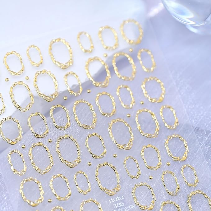 Gold Nail Art Stickers 5D Embossed Nail Stickers Circle Hollow Nail Decals Geometric Frames for Nails Designs Self-Adhesive Nail Art Supplies for Women Girls Summer DIY Manicure