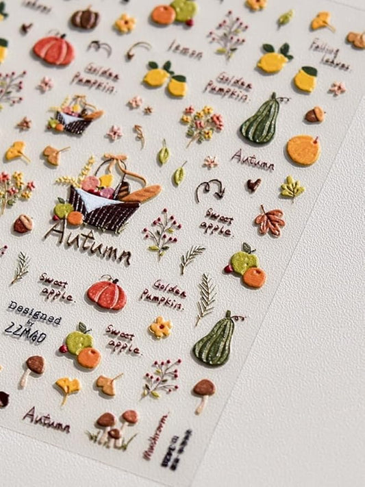 Fall Nail Stickers – 5D Embossed Autumn Nail Art with Pumpkins, Apples, Leaves & Harvest Basket. Easy to Use, Self-Adhesive. Cozy Seasonal Look for Thanksgiving, DIY Manicure, Salon & Home Décor