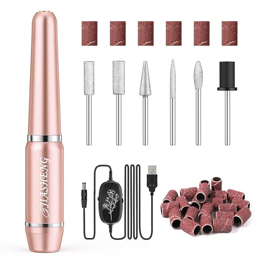 JIASHENG USB Electric Nail Drill, Portable File for Acrylic Gel Nails, Professional Kit for Manicure and Pedicure With Drill Bits for Home and Salon Use, Gold