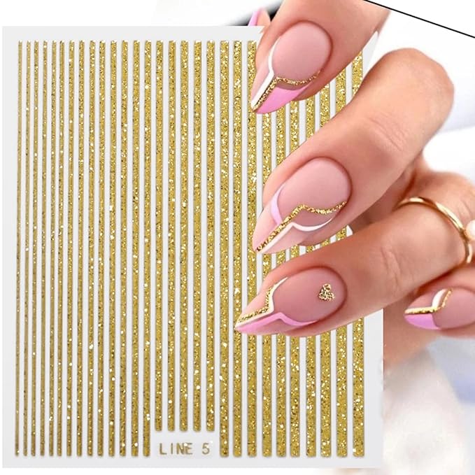 6 Sheets 3D Glitter Lines Nail Art Stickers - Gold Metallic Supplies, Metal Decals, French Effect Silver Design, Simple Line Glitter Sticker for Women DIY Decoration