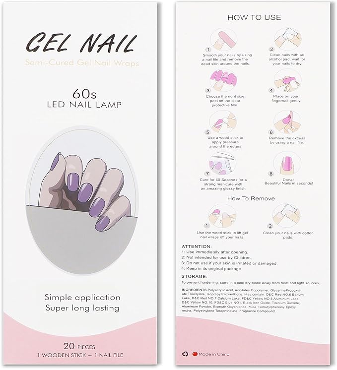 JMEOWIO Gel Nail Stickers Purple Cream Semi Cured Gel Nail Strips Wraps UV/LED Nails Art Design Decoration Accessories