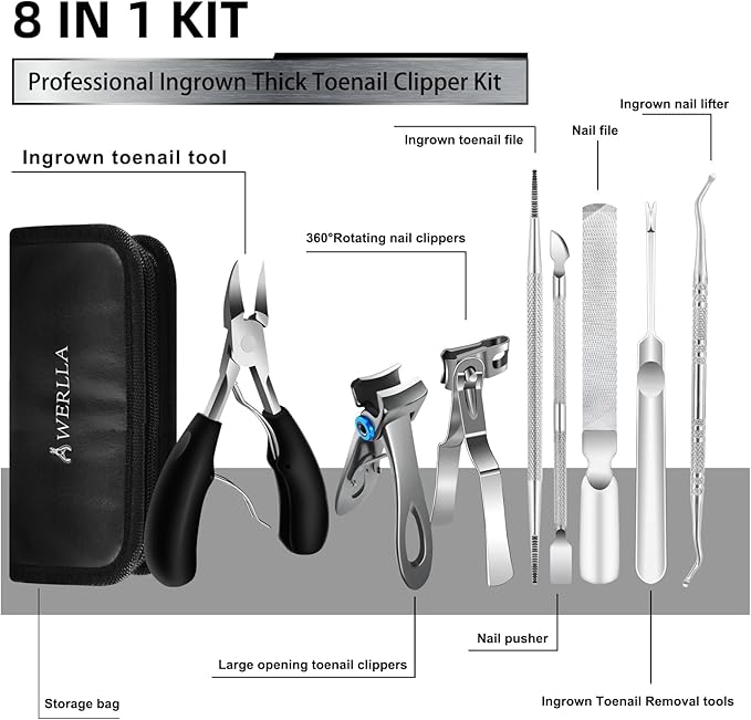 Werlla Toenail Clippers for Seniors Thick Toenails, Heavy Duty Toe Nail Clippers Adult Thick Nails Long Handle, Large Toenail Clippers for Thick Nails 8Pcs