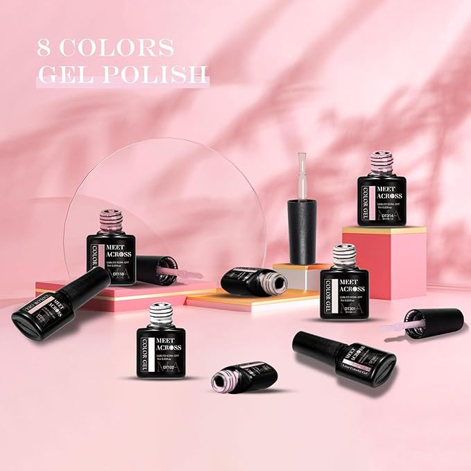 MEET ACROSS Gel Nail Polish Set, 8 Colors Nude Pink Milky White Gel Polish Set Peach Pink Skin Tones Neutral Nail Polish Barely Pink Soak Off LED Starter Kit Popular Nail Art DIY Manicure Gifts