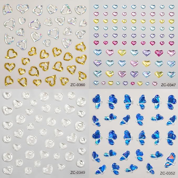 8Sheets 5D Embossed Valentine's Day Heart Nail Art Stickers - Blue Pink Aurora Gold Decals for Women Girls - Cute Nail Supplies