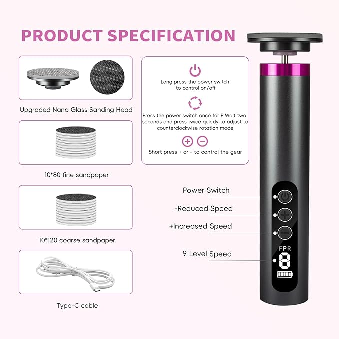 Electric Foot Callus Remover,Professional Foot Glass Sanding Machine with 9 Speed Settings, Type-C Charging, 3 Replaceable Rollers, Pedicure Tools with 30 Sandpaper Discs for Dead Skin-Black
