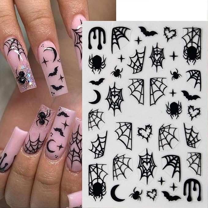 5 Sheets Halloween Nails Stickers Spider Wed Nails Art Stickers 3D Self-Adhesive Supplies Nail Decal with Spider Bat Love Design Nail Sticker for Nail Art Women's DIY Decoration