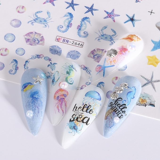 Summer Nail Stickers for Nail Art 36 Designs Ocean Water Transfer Nail Decals Sea Shell Starfish Jellyfish Sea Turtle Seaweed DIY Stickers Nails Supplies Vacation Beach Manicure Decoration 3 Sheets
