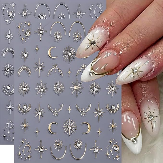 4 Sheets 5D Moon Star Nail Art Stickers Gold Silver Glitter Rhinestones Nail Decals Self-Adhesive Sun Heart Nail Decor Cute Nail Design Stickers Spring French Nails Supply for Women DIY Manicure