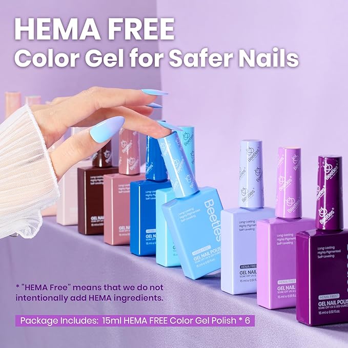 Beetles Gel Nail Polish Set - 6 Colors Hema-Free 15ML Full Size Baby Blue Purple Polish Kit Wisteria Whisper Collecction Soak off Uv Led Lamp Nail Art Salon Colorful Bottle Manicure Gift for Women