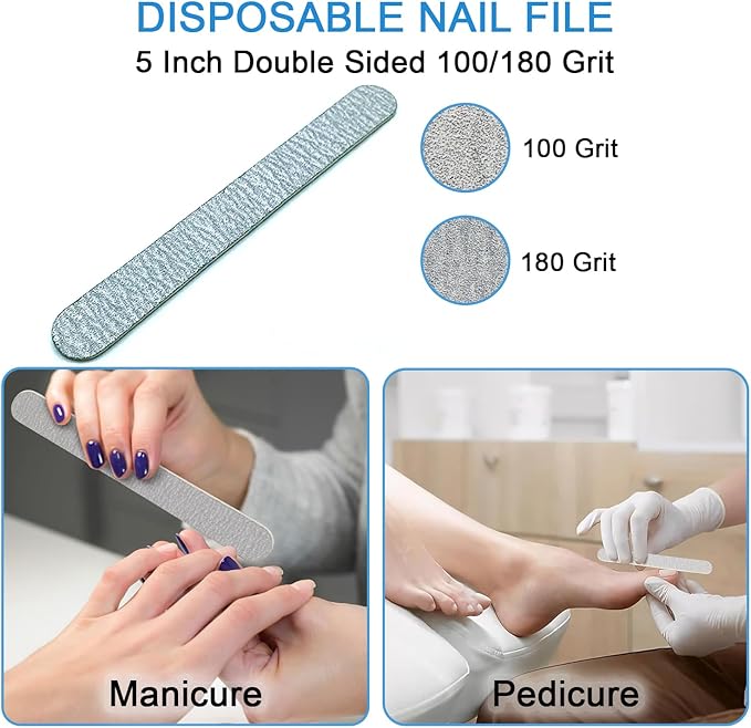 Disposable Pedicure Kit 5-in-1, 100 Counts - Nail Buffer, Pumice Pad, Nail File (100/180 Grit), Wood Stick and Toe Separators - Complete Pedicure Kit for Salon or Home Use