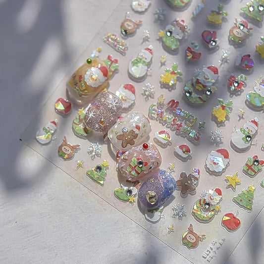 Christmas Day Nail Art Stickers 3D Self-Adhesive Cute Santa Claus Nail Art Decals for Acrylic Nails with Snowman Christmas Tree Designs Nail Sticker Winter Nail Supplies for Women DIY Manicure Decor