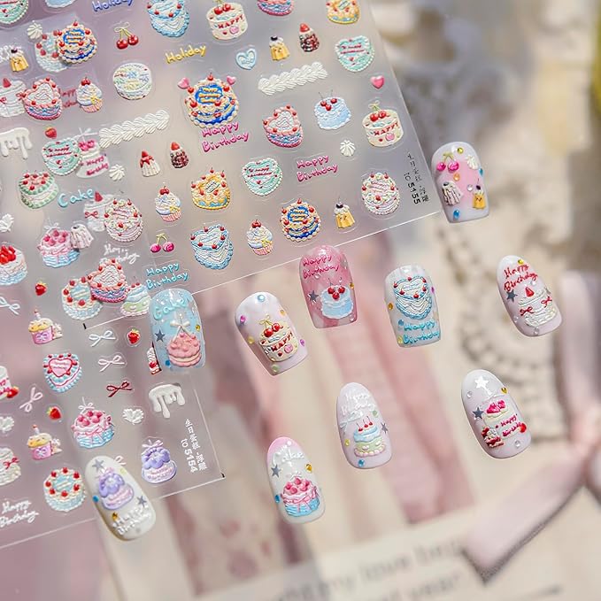 Christmas Nail Stickers 5D Birthday Cake Candle Nail Art Stickers Bow Fruit Nail Decals Self Adhesive Design 3D Cute Sticker Holiday Nail Art Decoration for Girls Women Manicure Accessories