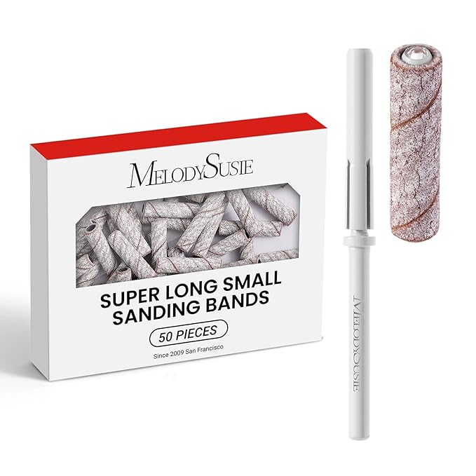 MelodySusie 50 Pcs Nail Drill Bits Super Long Small Sanding Bands with 3.1mm Crystal Mandrel Bit, 180 Fine Grit Nail File for Acrylic Nails Gel Manicures and Pedicure, Zebra