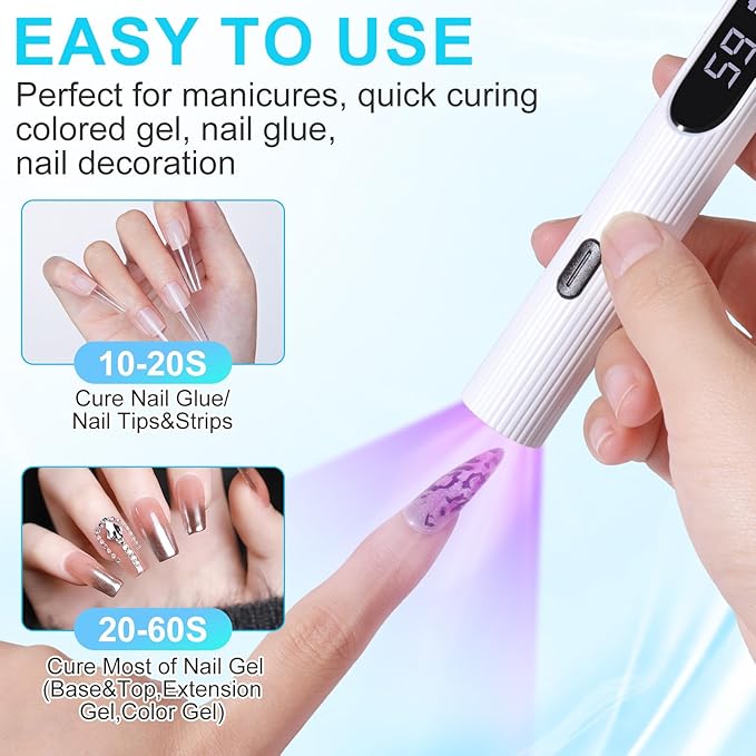 Handheld UV Light for Gel Nails, White Gel Light for Nails Cordless Nail Lamp Rechargeable with Led Display Lamp for Rhinestone Glue Decoration DIY at Home
