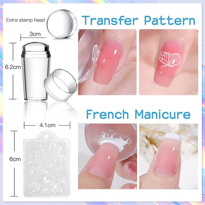 Biutee Nail Stamper Kit 16Pcs Nail Art Stamping Plate 8 Colors Stamp Polish Gel Silicone Stamper Scraper with Storage Bag, Nail Stamp Plates Love Flower Butterfly Leaf Template Halloween Design Gift