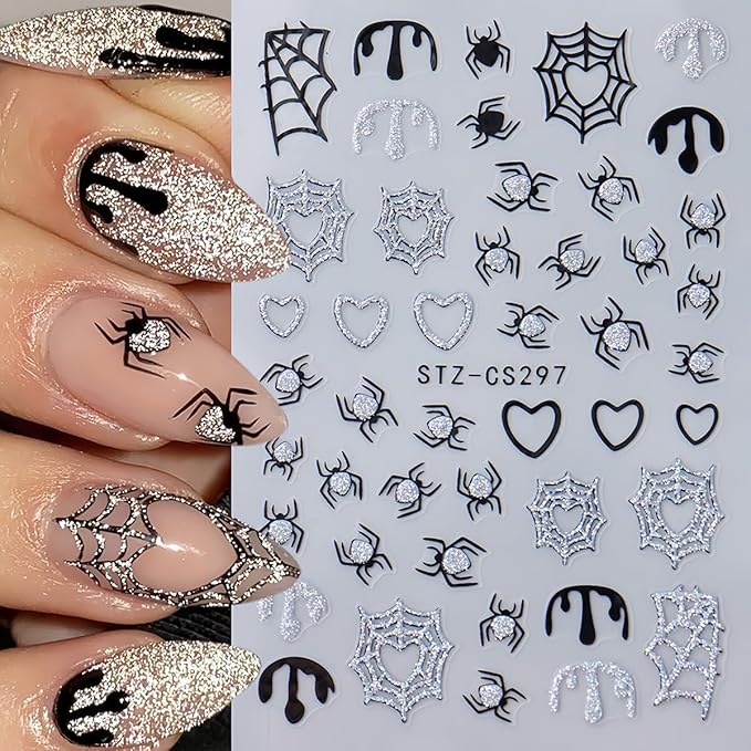 Spider & Bat Halloween Nail Decals - Self Adhesive Ghosts & Web Pattern Design - Day of The Dead DIY Nail Supplies & Charms for Women