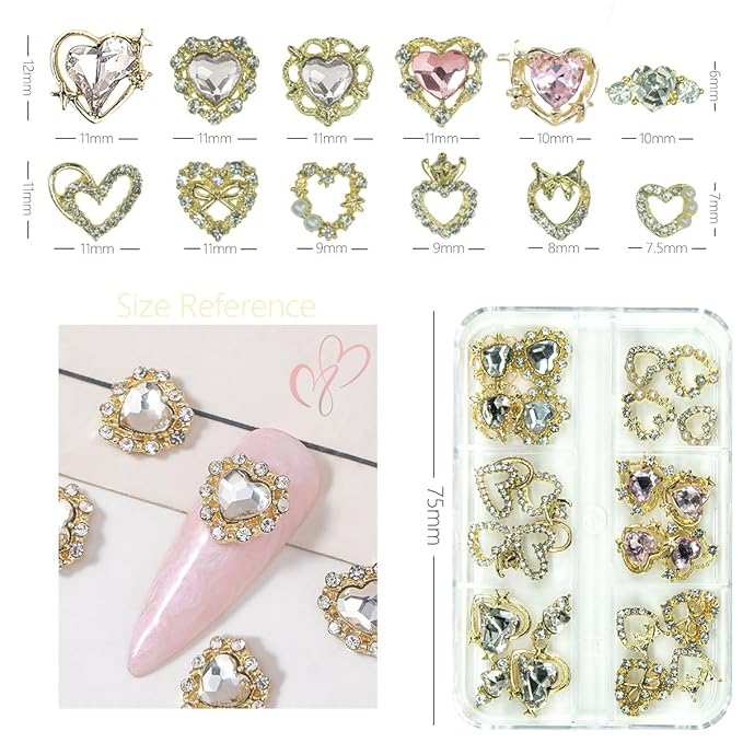 24pcs Heart Nail Charms Luxury Alloy Charms for Nails, qiipii 12 Pair 3D Gold Nail Art Rhinestones Nail Gems Golden Nail Crystal Diamonds Jewelry Stones Studs Nail Supplies Nails Decor Crafts 1 Box