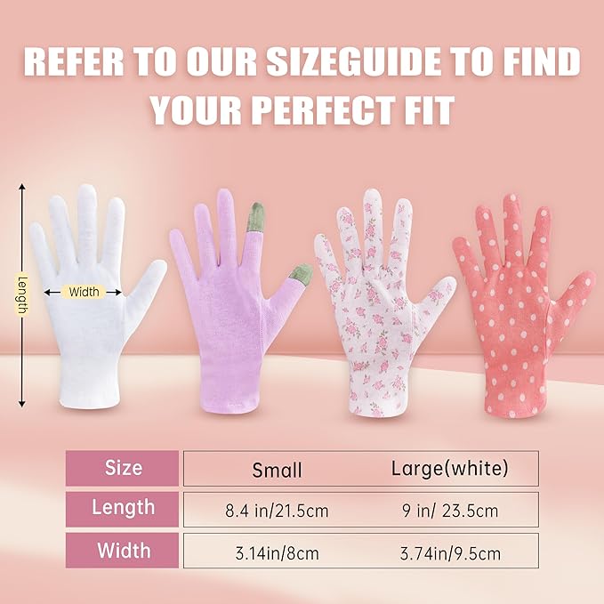 HandLove Premium 100% Cotton Gloves | Moisturizing Gloves for Dry Hands & Eczema | Overnight Sleeping Gloves, Eczema Gloves | White Floral Dots, 12 Pairs