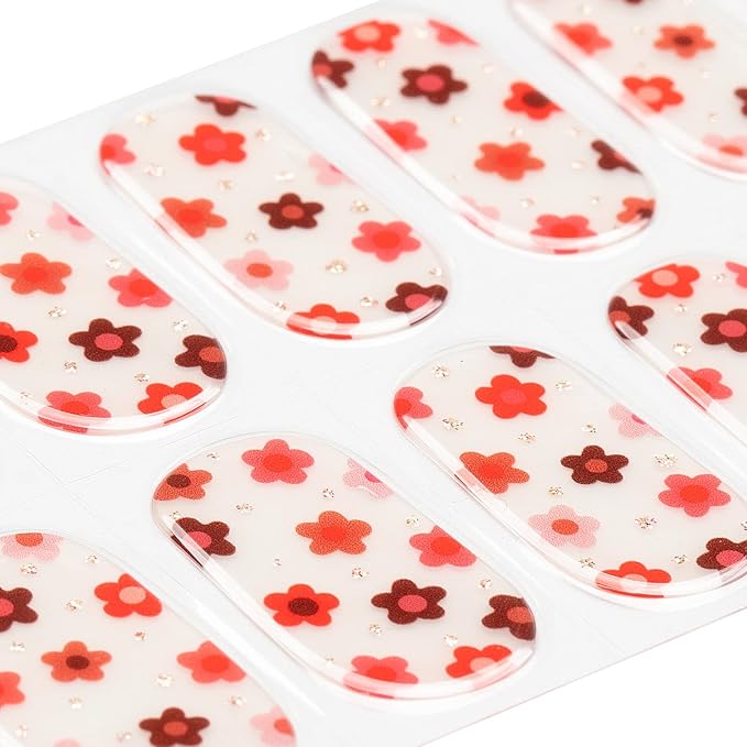 MOMSON Semi Cured Gel Nail Strips - 20 Real Gel Nail Polish Stickers/Full Nail Wraps - Art Manicure Kits for DIY at Home, Salon-Quality, Easy to Apply & Remove (Small Flowers, Orange, Red)