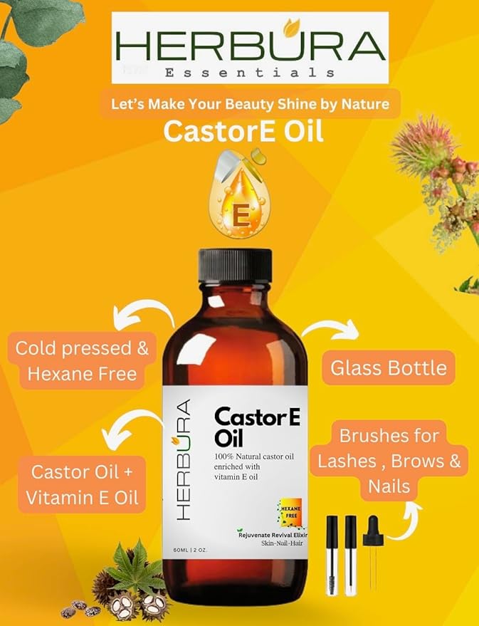 Natural Ricinoleic Acid | 100% Natural Cold Pressed Castor Oil Enriched with Vitamin E Oil for nourishing Hair-Nail-Skin, dropper and brushes included, 3 pieces