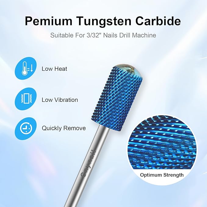 3/32" Large Barrel Smooth Round Top Tungsten Carbide Nail Drill Bit Safety Bit for Gel & Acrylic Removal, 2-Way Rotating Efile Tip, Salon Electric File Accessory (M Grit, Blue)