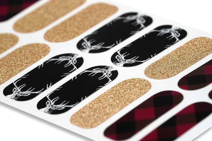 | 20 Exquisite Gel Nail Polish Strips w/Application Accessories - No UV/LED Lamp Required (Holiday | Bucks, Plaid, & Gold Glitter)