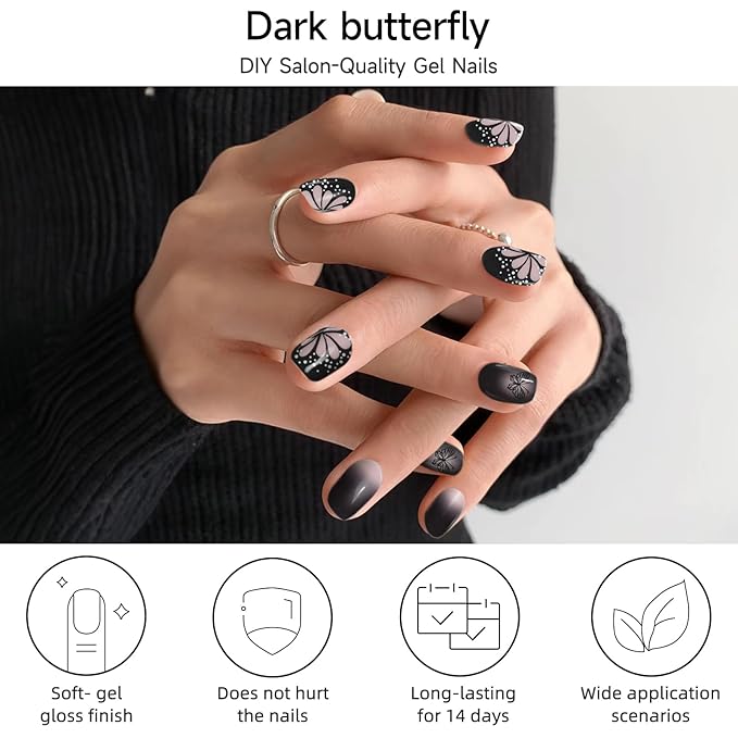 Semi Cured Gel Nail Strips, Dark Butterfly | 28 pcs Gel Nail Strips Work with Any UV Lamp, Salon Quality UV Nails Stickers, Easy to Apply for Home Nails DIY