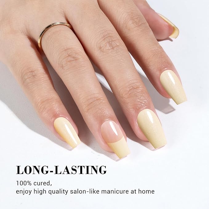 MelodySusie 30PCS Semi Cured Gel Nail Strips (Creamy Yellow French Tips), Salon Quality, Long Lasting, Easy to Apply and Remove, Includes 2 Prep Pads, Nail File and Wooden Stick