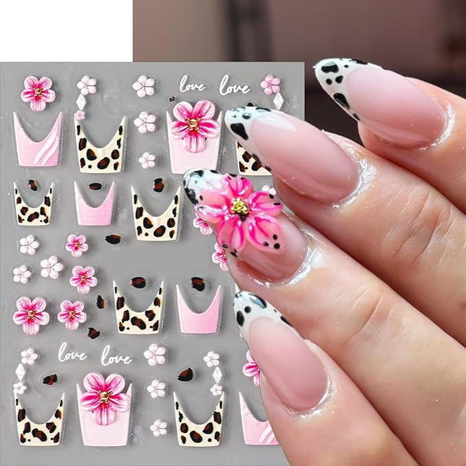 4 Sheets Flower Nail Art Stickers Decals 5D Embossed Flower Leopard French Line Nail Decals Pink Floral Leopard Nail Art Design Pink Flowers Coil Nail Supply for Women Winter DIY Manicure Decorations
