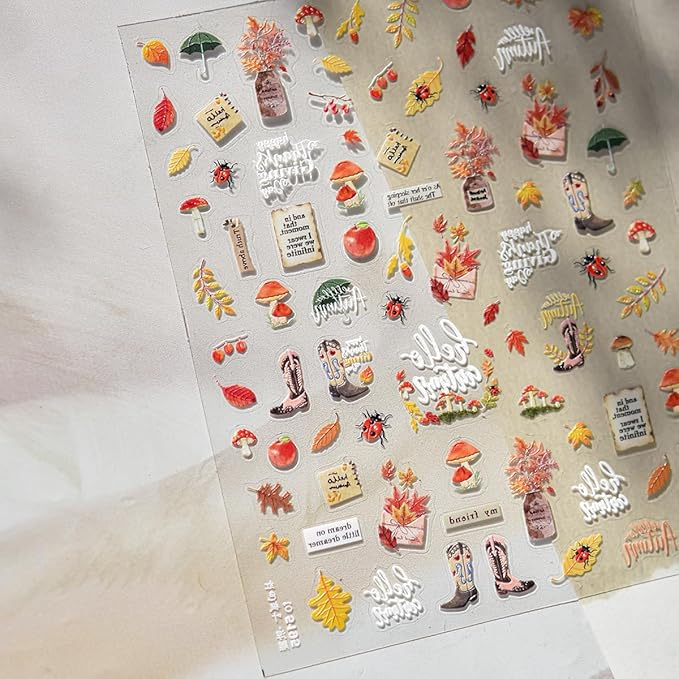 Fall Nail Art Stickers Decals 5D Embossed Red Maple Leaf Nail Decals Self-Adhesive Mushroom Apple Beetle Nails Design Autumn Stickers Thanksgiving Nails Art Supplies for Women DIY Manicure Decorations