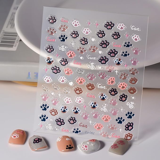Cute Cat Claw Nail Stickers 5D Embossed Self-Adhesive Nail Decals with Cute Little Claw Animal Design Pink Jelly Nail Sticker for Star Sliders Decal DIY Manicure Decoration Accessories