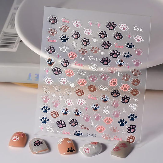 Cute Cat Claw Nail Stickers 5D Embossed Self-Adhesive Nail Decals with Cute Little Claw Animal Design Pink Jelly Nail Sticker for Star Sliders Decal DIY Manicure Decoration Accessories