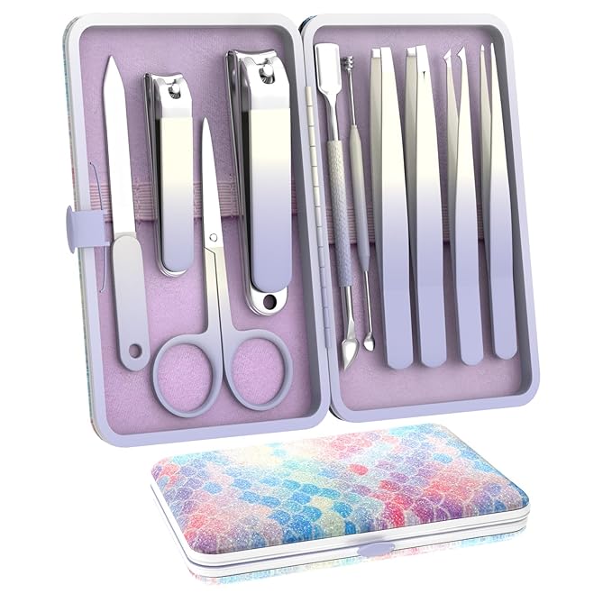 Manicure Set 10 in 1 Stainless Steel Nail Clippers Scissors Tweezers Grooming Kit with Travel Case (Purple)