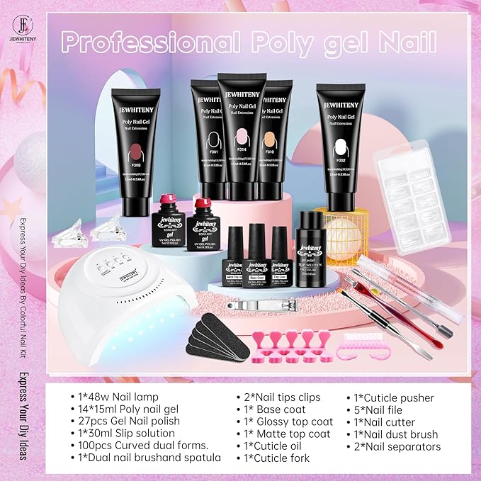 JEWHITENY 14 Colors Poly Gel Nail Kit 27 Colors Gel Nail Polish Kit With U V Light All In One Nail Art Starter Kit Suitable For All Seasons