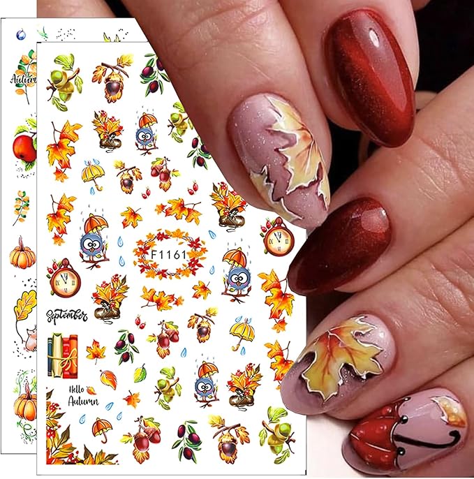 6pcs/Set Fall Maple Leaf Flower Nail Stickers for Nail Art Autumn Pumpkin Self-Adhesive Nail Decal 3D Floral & Leaves Design Nail Accessories Slider Thanksgiving DIY Manicure Decoration for Women
