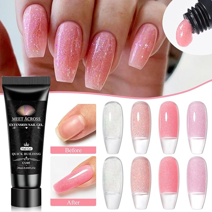 MEET ACROSS Poly Nail Gel 10Pcs Nail Extension Gel Set and Nail Extension Starter Kit for Beginners Nail Art DIY Home Gifts for Women (Glitter, 12pcs)